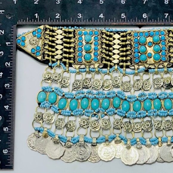 Turquoise Beaded and Stone Choker Necklace With Vintage Dangling Coins - Picture 12 of 15